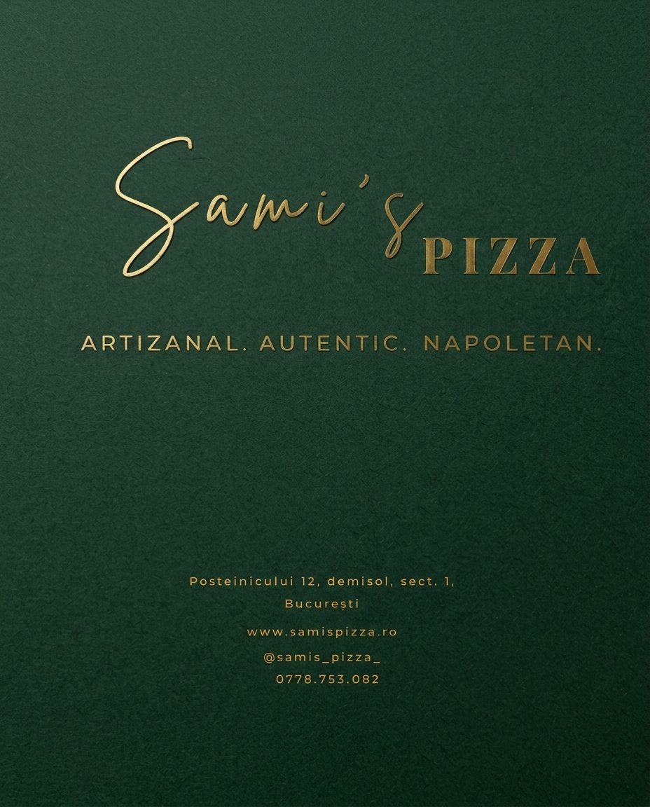 Copertă meniu Sami's Pizza, print auriu pe fundal verde închis